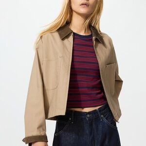 Uniqlo Cropped Work Jacket Tan Corduroy Collar Utility Jacket Size S